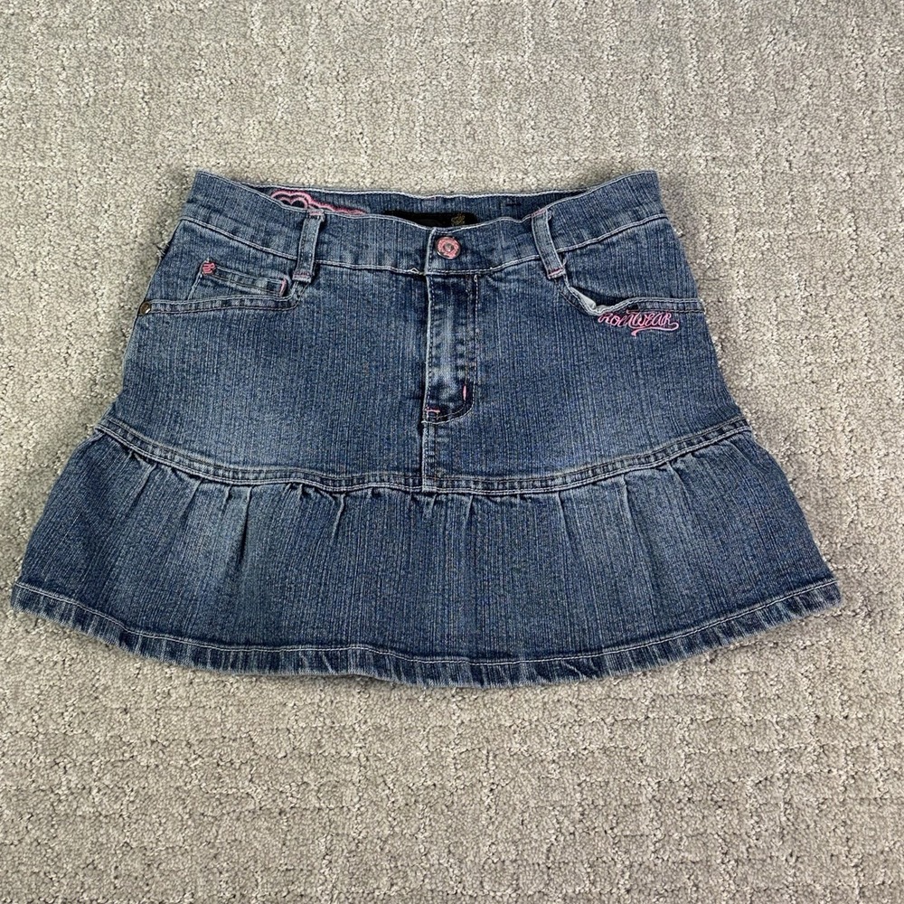 Rocawear Denim Mini Skirt Dark Wash Embroidered Logo Y2K Size 1/2